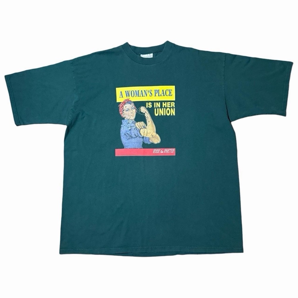 Vintage 90s A Womans Place Is In Her Union Rosie The Riveter T-Shirt 3XL USA